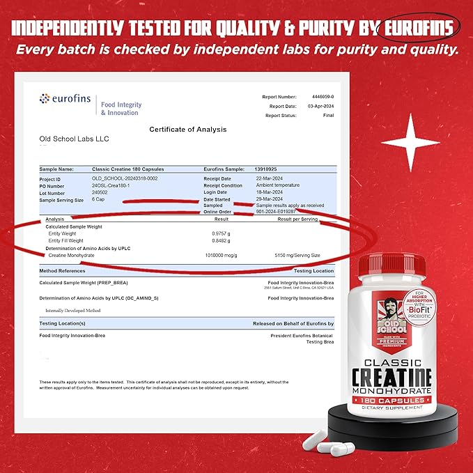 Old School Labs 5000mg Creatine Monohydrate Capsules With BioFit™ (Max Strength) Supports Muscle Growth &amp Recovery Performance Cognitive Health - Creatine Pills for Men &amp Women Made in USA