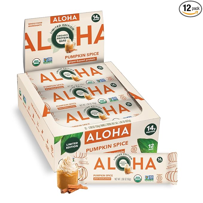 ALOHA Organic Plant Based Protein Bars - Pumpkin Spice Vegan Low Sugar Gluten-Free Low Carb Non-GMO No Stevia No Erythritol - LIMITED EDITION 12 Count (Pack of 1)