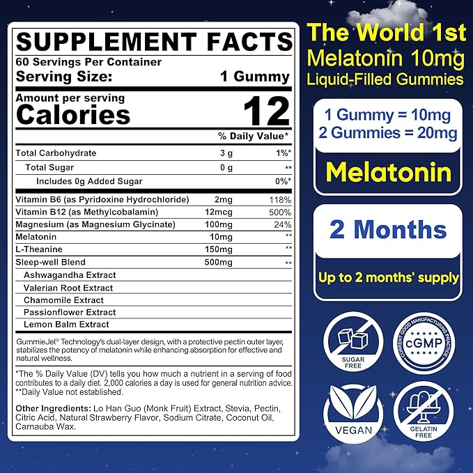 Sugar Free Melatonin Gummies 10mg 20mg Magnesium Glycinate Melatonin for Adults Ashwagandha L-Theanine B6 B12 Lemon Balm and Chamomile for Deep Relaxation Antioxidant Vegan 60 Day