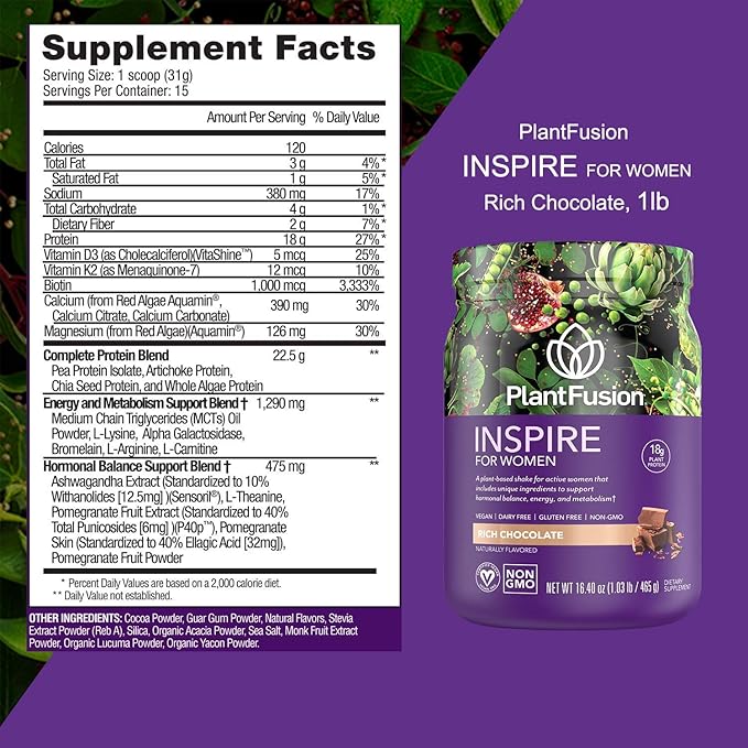 PlantFusion Inspire Plant Protein Powder for Women - Low Carb Protein Powder for Lean Muscle Support - Keto Gluten Free Soy Free Non-Dairy No Sugar Non-GMO - Rich Chocolate 1 lb