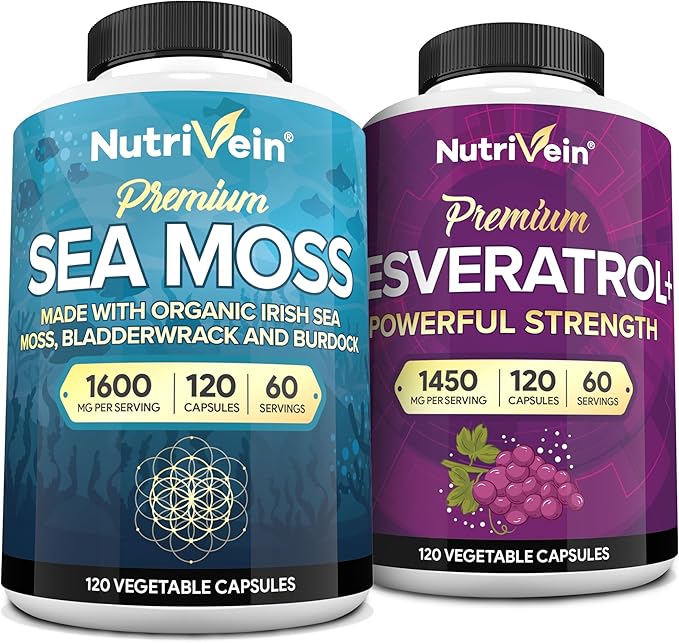 Nutrivein Premium Sea Moss Capsules &amp Resveratrol Supplement Bundle: High-Absorption Resveratrol Capsules and Irish Sea Moss for Digestion Vitality &amp Repair