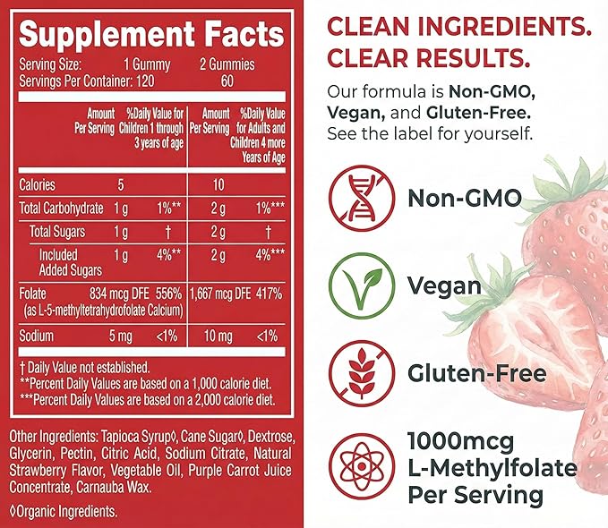 CogniTune Methylfolate Gummies - Easy to Take High Potency L-Methylfolate Folate Supplement for Brain Heart Health &amp Immunity Delicious Strawberry Flavor Non-GMO Vegan Gluten-Free