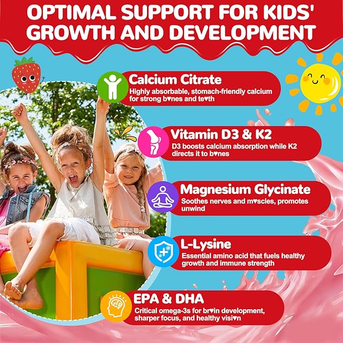 Kids Calcium Gummies with Vitamin D3: Sugar Free Chewable Calcium Citrate for Kids Plus Organic Vitamin D3 K2 Magnesium Zinc Lysine Omega3 - Easy to Digest High Absorption Non-GMO(60Count)