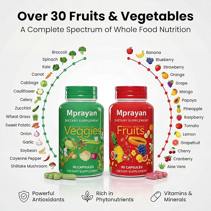 Fruit and Veggie Superfood for Natural Energy &amp Immune Support | 30+ Whole Foods Vegan Non-GMO | 90 Fruit + 90 Veggie Capsules – 30-Day Supply (2-Bottle Set)