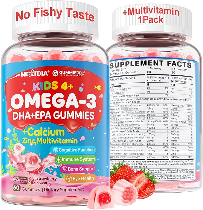 Omega 3 (EPA/DHA) Filled Gummies for Kids Teen with Multivitamin Calcium + D3 + K2 + Zinc Plus Vitamin A B1 B2 B12 C Selenium Iodine for Brain Eye Bone Energy No Fish Taste Sugar Free