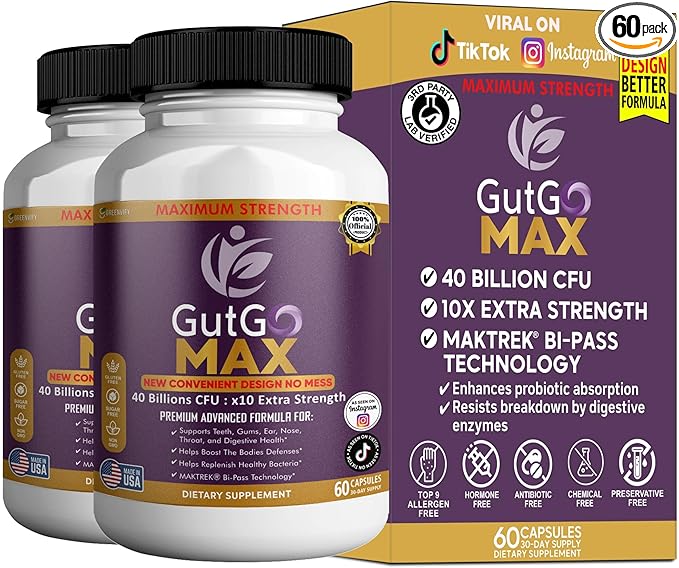 GutGo Max Probiotic Supplement 40 Billion CFU 60 Capsules Maximum Strength Gluten Free Sugar Free (2)