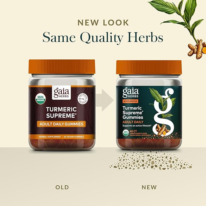 Gaia Herbs Turmeric Supreme Adult Daily - Daily Support for Healthy Active Lifestyle* - USDA Certified Organic Blend of Turmeric &amp Supportive Herbs - 40 Vegan Gummies (20 Servings)