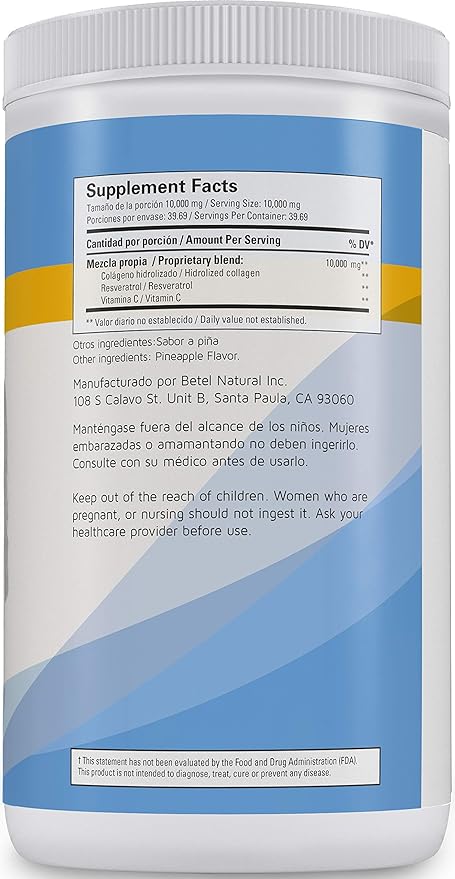 Hydrolyzed Collagen Powder (Colageno Hidrolizado) with Resveratrol &amp Vitamin C - Pineapple Flavor - Betel Natural