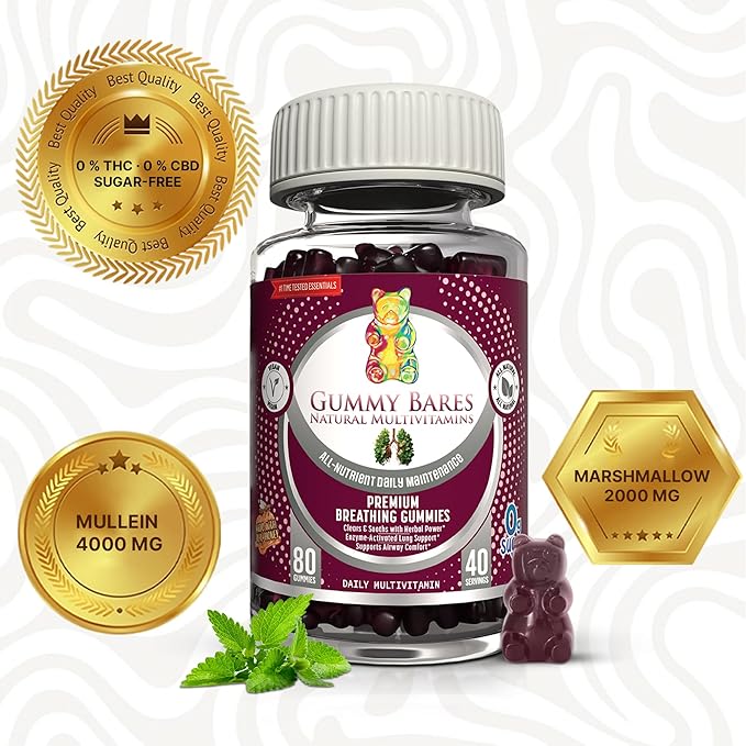 Mullein Leaf &amp Marshmallow Root Gummies – Lung Cleanse &amp Mucus Removal with Bromelain Nattokinase Serrapeptase Detox 120 ct | Gummy Bares