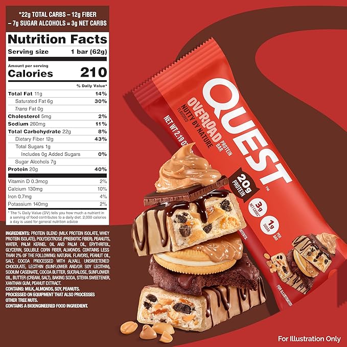 Quest Nutrition Overload Protein Bars Nutty by Nature Flavored Protein Bars 20g Protein 1g Sugar 3g Net Carbs Gluten Free 12 Count