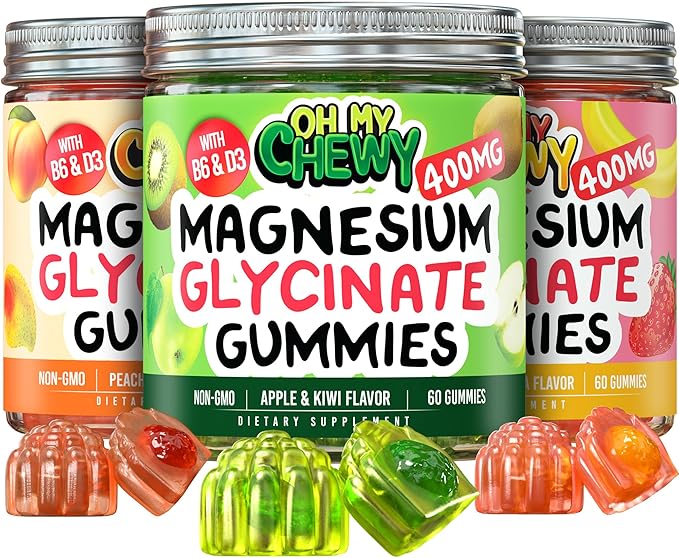 Magnesium Gummies Variety Pack – 3 Bottles (60 Each) – Strawberry Banana Apple Kiwi &amp Peach Mango
