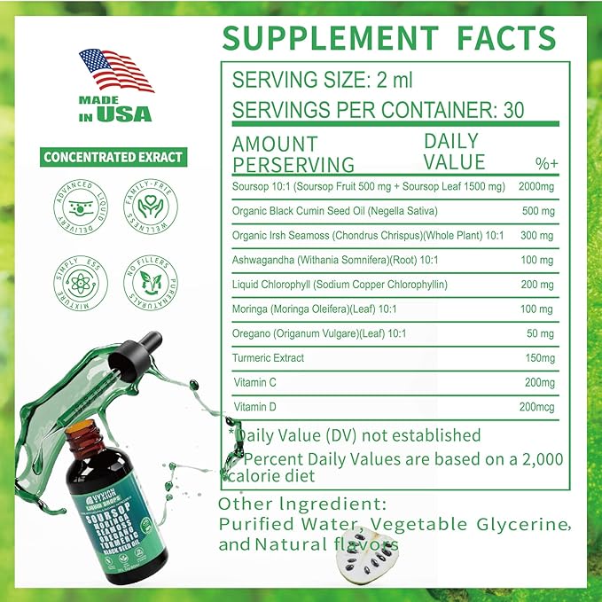 Vyxion Soursop Bitters Liquid Drops 10 in 1 with Sea Moss Moringa Turmeric Black Seed Oil Oregano Ashwagandha | Herbal Extracts for Overall Health-Enhancing | Vegan Non-GMO | 2 Fl Oz