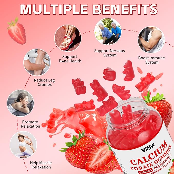 Calcium Citrate Gummies 1200mg Chewable Calcium Supplement for Women &amp Men Sugar Free Calcium for Bone Muscle &amp Immune Support Gluten Free Vegan Non-GMO Strawberry Flavor 120 Count
