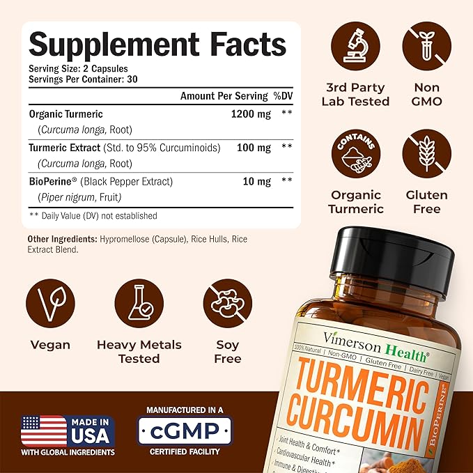 Turmeric Curcumin Supplement with Black Pepper Extract - High Potency Organic Turmeric 1200mg &amp 95% Curcuminoids for Joint &amp Digestive Health - Joint Support Supplement - 60 Vegan Curcuma Caps