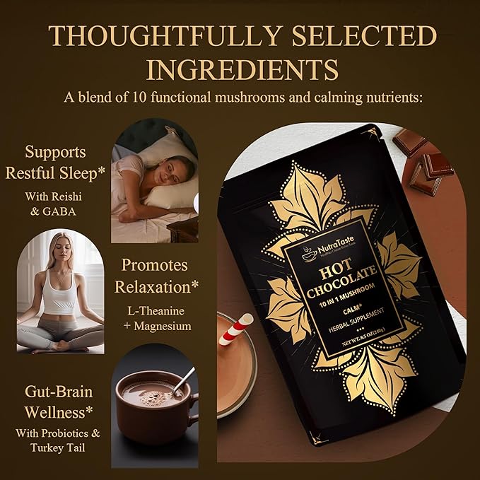Mushroom Hot Cocoa with Magnesium Glycinate &amp L-Theanine GABA | 10-Mushroom Blend with Lion’s Mane &amp Reishi | Supports Calm Focus &amp Relaxation | Cacao Powder No Melatonin | Keto &amp Ve