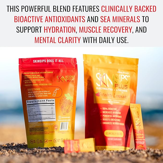 Plus Electrolyte Powder Drink Mix with L-Theanine Strawberry Lemonade Hydration &amp Recovery Supplement Antioxidant Drink 20 Packets