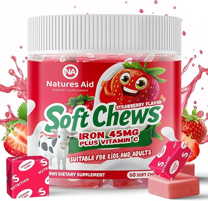 Chewable Iron Supplement for Women &amp Men and Kids - Strawberry Flavor Iron Vitamin C Soft Chew for Max Absorption Iron as Ferrous Fumarate Ideal for Iron Deficiency 2 Month Supply