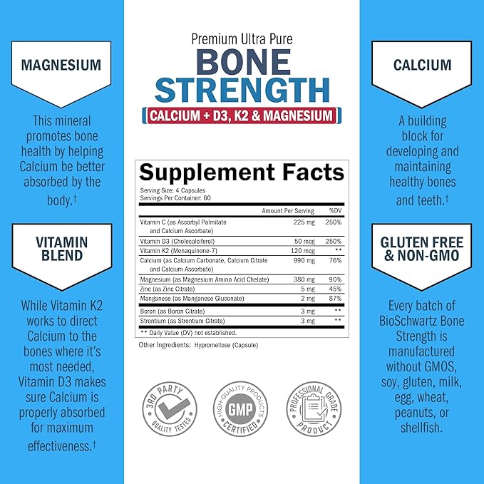 BioSchwartz Bone Strength Supplement - Gentle Non-Constipating Bone Health Supplement for Women &amp Men with 9-in-1 Complex with Calcium Magnesium Zinc D3 K2 &amp More - 3rd Party Tested - 2 Months