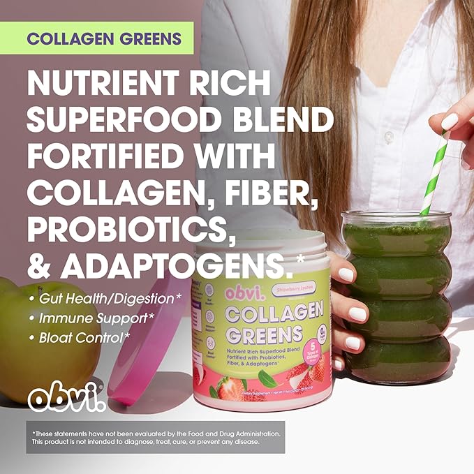 Obvi Collagen Greens | Organic Greens Superfood Powder with Collagen Peptides | Probiotics for Gut Health Skin Hair Nails | Gluten-Free Zero Sugar | Strawberry Lychee Flavor 25 Servings