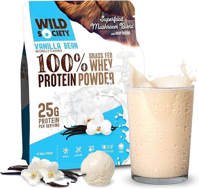 WILD SOCIETY - Premium 100% Grass Fed Whey Protein Powder + Superfood Mushrooms &amp Adaptogens - 25g Protein Clean Protein Powder 0 Added Sugar Non GMO Gluten Free - Vanilla Bean 17.5 oz