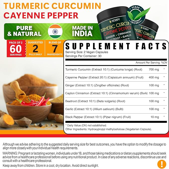 7in1 Turmeric and Cayenne Pepper Supplement - Digestion Immune Brain &amp Heart Health Support with Ceylon Ginger Garlic Beetroot - 2Pack60