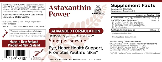 TURNER New Zealand Astaxanthin Power with UAF1000+ Anti-Aging Skin Eye Nerve Muscle Recovery Immune Support Antioxidant Supplement 12mg Astaxanthin 180 Servings 6 Bottles