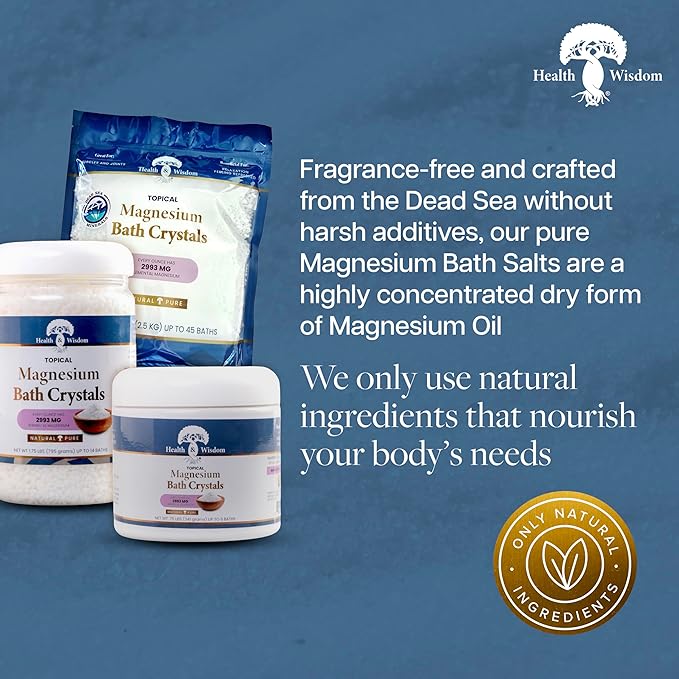 Health and Wisdom Magnesium Bath Crystals - Bath Salts with High Concentration &amp Enhanced Absorption for Muscle &amp Joint Relief - Dead Sea Sourced - Unscented - 14 lbs - Up to 113 Uses