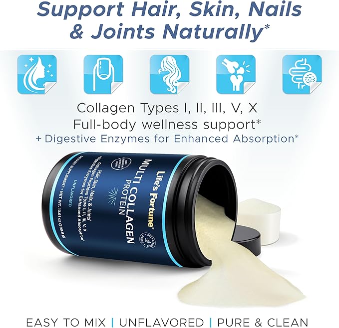 Life's Fortune Multi Collagen Peptides Powder Drink Plus for Women &amp Men - Type I II III V X Blend with Digestive Enzyme – for Skin Hair Nails Joints Health Unflavored 30 Servings