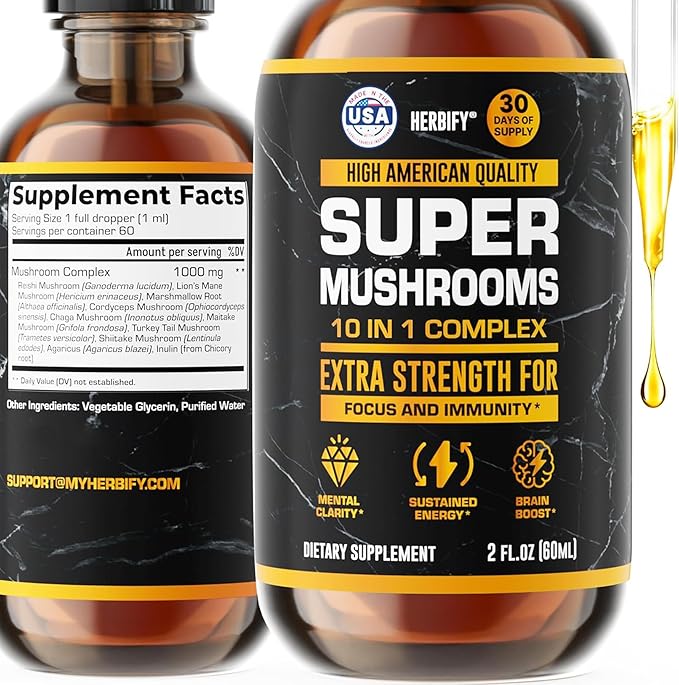 Mushroom Supplement - Lions Mane Reishi Cordyceps Chaga Turkey Tail Inulin &amp More Mushrooms For Immune Support Energy - Premium Nootropic Brain Supplements For Memory And Focus - Made in USA 2 FL