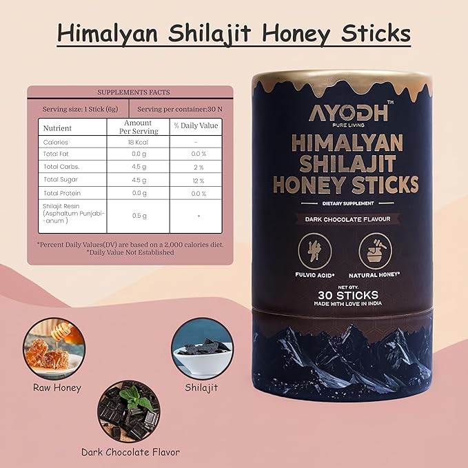 Himalayan Shilajit Honey Sticks with Natural Honey Dark Chocolate Flavor – 30 Count 75%+ Fulvic Acid 85+ Trace Minerals Easy Single-Use Energy &amp Immunity Support