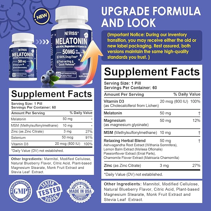 NEVISS Melatonin 50 mg for Adults - Extra Strength 9-in-1 Fast Dissolve Sublingual - High Dose with Magnesium Glycinate Vitamin D3 Ashwagandha Lemon Balm Chamomile Sugar Free Vegan 180 Tablets