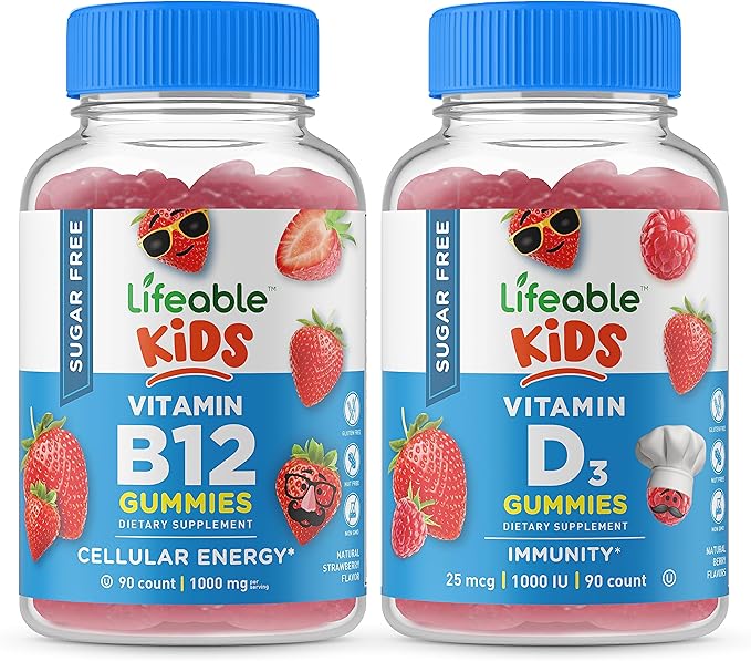 Lifeable Sugar Free Vitamin B12 Kids + Vitamin D Kids Gummies Bundle - Great Tasting Vitamin Supplement Gluten Free GMO Free Chewable Gummy