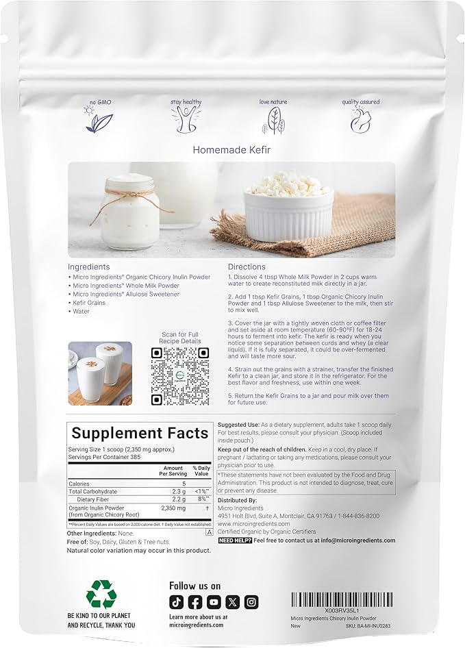 Micro Ingredients Organic Inulin Fiber Powder 2lb | Natural Prebiotic to Support Digestive &amp Gut Health | Soluble Easily Digestible | Unflavored Vegan
