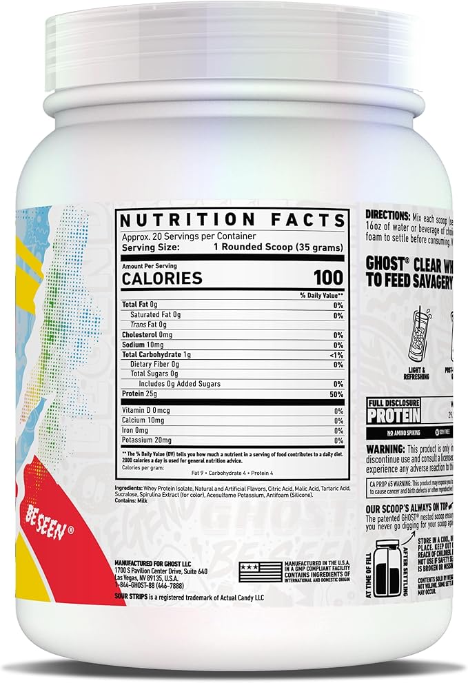 GHOST Clear Whey Isolate Protein Powder Sour Strips - 1.54 LB Tub 25G of Whey Protein - Post Workout Drink for Muscle Gain &amp Recovery – Sugar Free Soy Free &amp Zero Fat 20 Servings