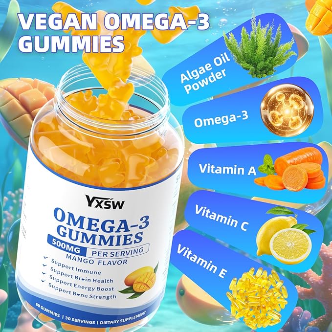 Vegan Omega-3 Gummies 500mg Omega 3 Fish Oil Alternative for Adults with Plant-Based EPA &amp DHA &amp Vitamin A C E for Brain Eye &amp Immune Health Sugar Free Mango Flavor 120 Count