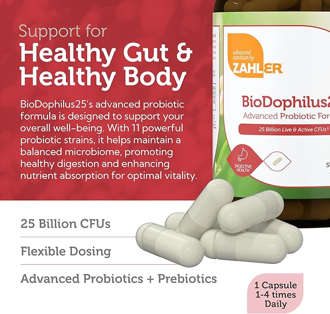 Zahler BioDophilus25 25 Billion CFU Probiotic + Prebiotic - 11 Strains Daily Probiotic Supplement - Kosher Probiotics for Women for Digestive Health Probiotics for Men for Gut Health (60 Capsules)