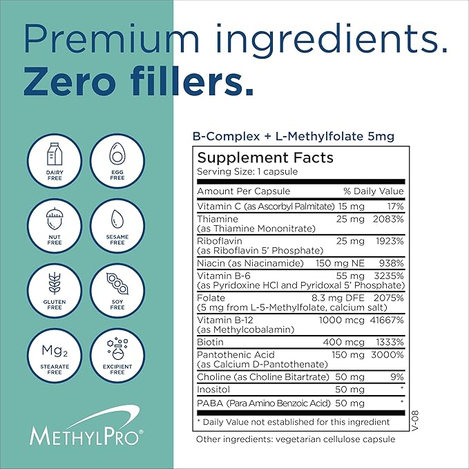 MethylPro B Complex + L-Methylfolate 5 mg - Bioavailable Methylated Vitamin Blend - Supports Energy and Stress - Vegetarian &amp Hypoallergenic - 90 Servings - 90 Capsules