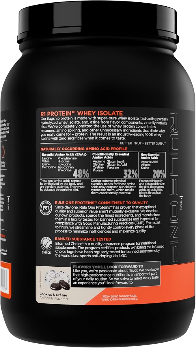 Rule 1 R1 Protein Whey Isolate - with 25g Protein &amp 6g BCAA Exclusively from Isolated &amp Hydrolyzed Sources for Workout Recovery (2 Pounds* Cookies &amp Crème)