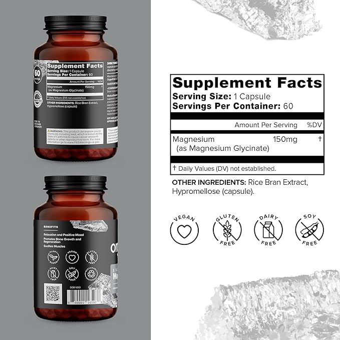 Organifi Essential Magnesium Glycinate Supplement for Bone Support and Muscle Health 150mg 60 Vegan Capsules