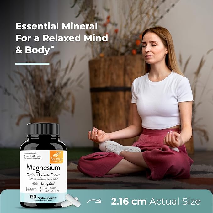 Sandhu's Magnesium Glycinate Lysinate | 120 Easy to Swallow Chelated Vegan Capsules | Magnesium Lysine Chelate Supplement for High Absorption | for Best Sleep Leg Cramps Relaxation