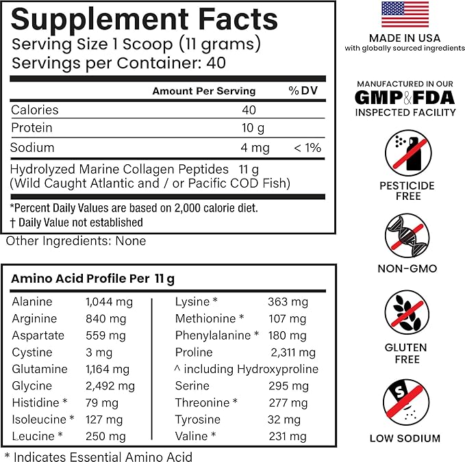 Wild Caught Marine Collagen Peptides Powder 440grams (40 Servings) Unflavored MSC-Certified Non-GMO Third-Party Lab Tested