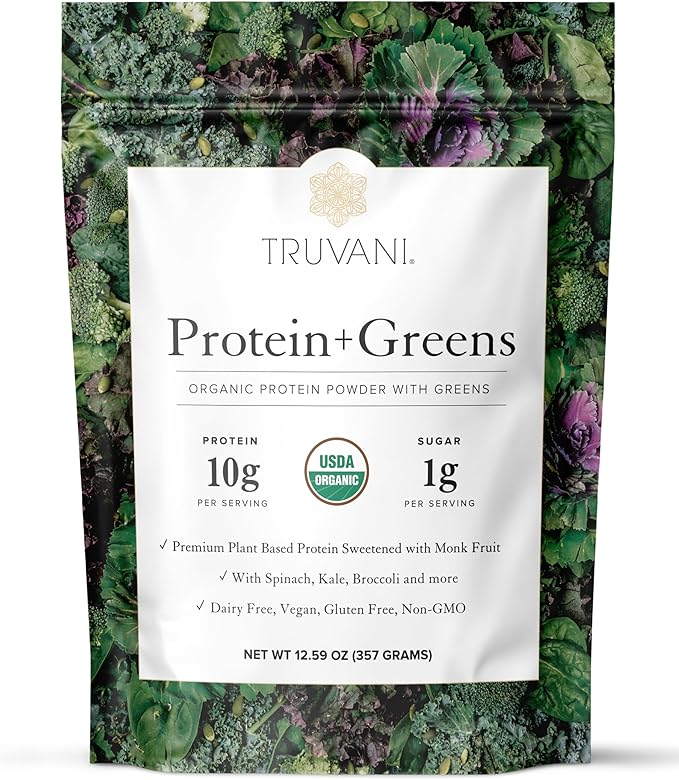 Truvani Protein + Greens Supplement | Spinach Kale &amp Broccoli | 10g Organic Plant Based Protein | 20 Servings | USDA Organic | Gluten &amp Dairy Free | Vegan | No Added Sugar