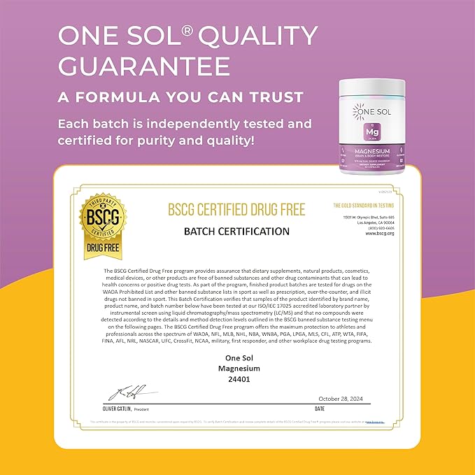 One Sol Magnesium 1378 mg Dual Source Magnesium Bisglycinate for Sleep Relaxation and Full Body Recovery High Absorption Vegan Non-GMO Gluten &amp Soy-Free Made in USA 60 Capsules