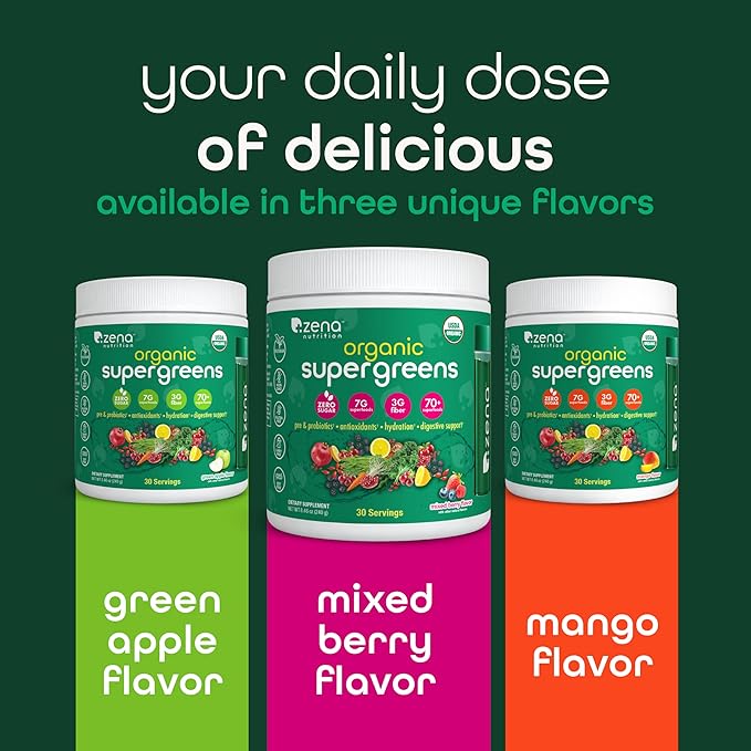 Zena Nutrition Organic Super Greens Powder 70+ Superfoods 0 Sugar 3G Fiber Spirulina Chlorella Antioxidants Prebiotics/Probiotics Digestive Enzymes Mixed Berry 30 Servings