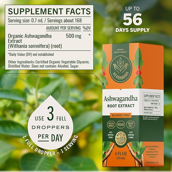 HERBAMAMA Ashwagandha Drops - Vegan Relaxation &amp Mood Support with Ashwagandha Root Extract - Non-GMO Alcohol &amp Sugar-Free Calming Supplements for Adults - 56-Day Supply