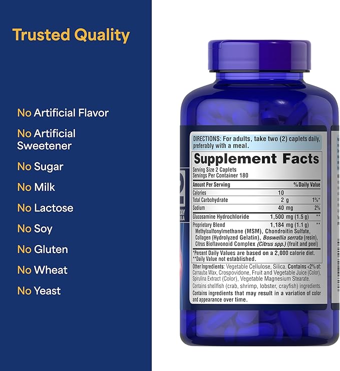 Puritan's Pride Glucosamine Chondroitin MSM Dietary Supplement for Joint Health 6 Month Supply 360 Coated Tablets