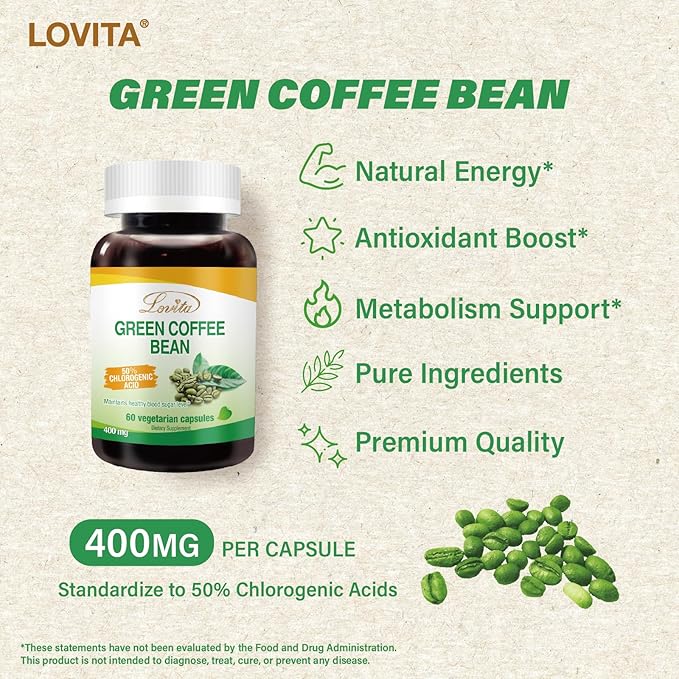 LOVITA Green Coffee Bean Extract Standardized to 50% Chlorogenic Acids 4:1 Concentrated for Metabolism Natural Antioxidant &amp Size-Reduction Support Plant-Based 60 Vegan Capsules