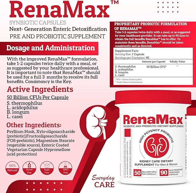 Capsule Kidney Restores &amp Kidney Care Supplement - Probiotic &amp Prebiotic Supplement to Support Normal Kidney Function - 50 Billion CFU per Capsule - Made in U.S.A (180 Caps (2 Pack))