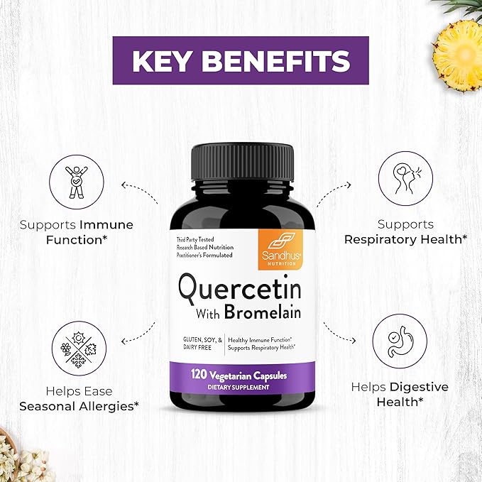 Quercetin with Bromelain Vegetarian Supplement Capsules | 240 Count (1000mg Per Serving 2400 GDU/g) | Supports Healthy Immune System Helps With Seasonal Allergy Support | High Absorption Antioxidant