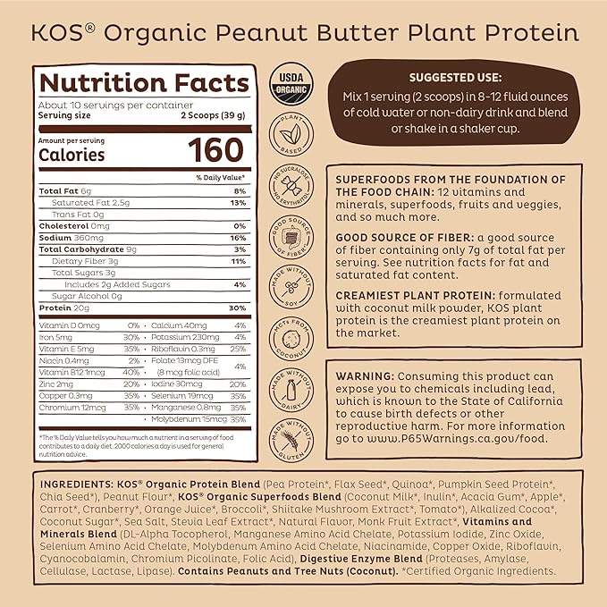 KOS Vegan Protein Powder Chocolate Peanut Butter - Low Carb Pea Protein Blend USDA Organic Superfood with Vitamins &amp Minerals - Keto Soy Dairy Free - Meal Replacement for Women &amp Men - 10